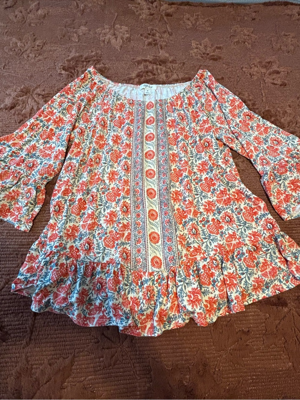 Style & Co. Coral and White Floral Off-Shoulder Tunic